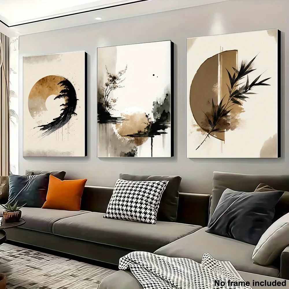 2D Flach, 3-teilig Dekorative Kunst, 2D Rahmenlose Leinwandmalerei, Wohnzimmer Wandkunst, Moderne Neutrale Abstrakte Schwarz-Beige Wabi-S Image