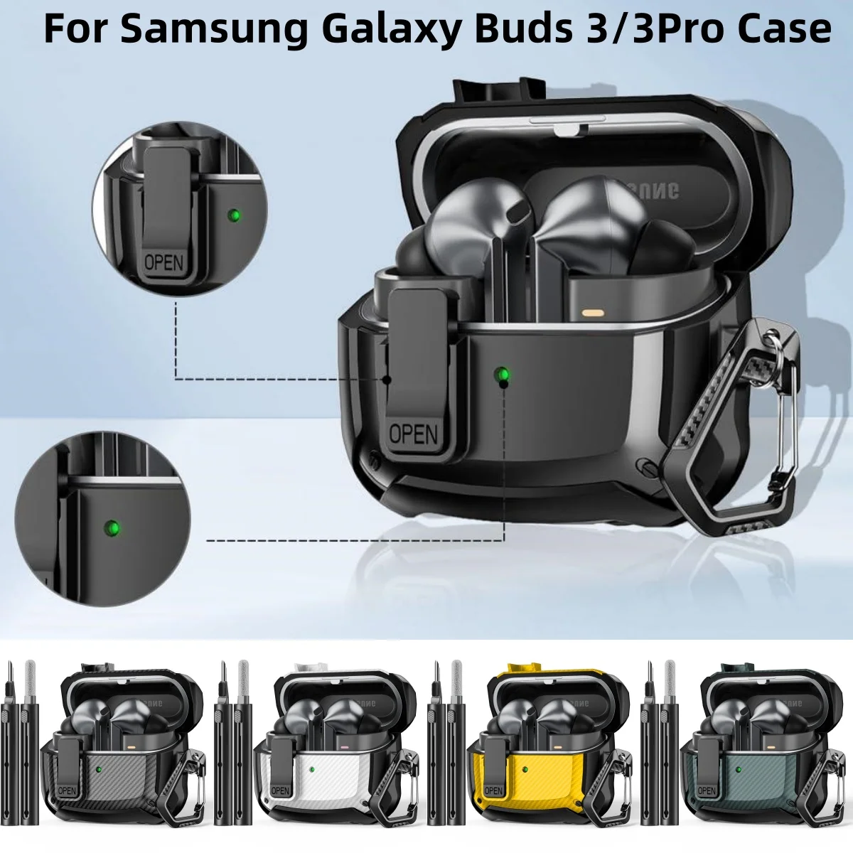 Schutzhülle für Samsung Galaxy Buds 3 Pro/Buds 3, mit sicherem Verschlussclip, stoßfeste Schutzhülle mit Karabiner und Reinigungsset Image