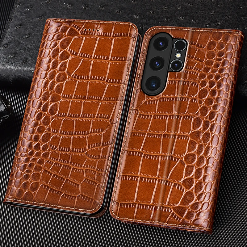 Echtes Leder Flip Case für Samsung Galaxy S26 Ultra S25 FE Plus Edge mit Krokodilmuster, magnetischen Kartenfächern und Brieftaschenfunktion. Image