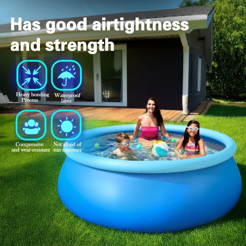 Aufblasbarer Pool, quadratische Halterung, rundes Schwimmbad, Familie, im Freien, großer Pool, Baden, Wasserspielbecken Image