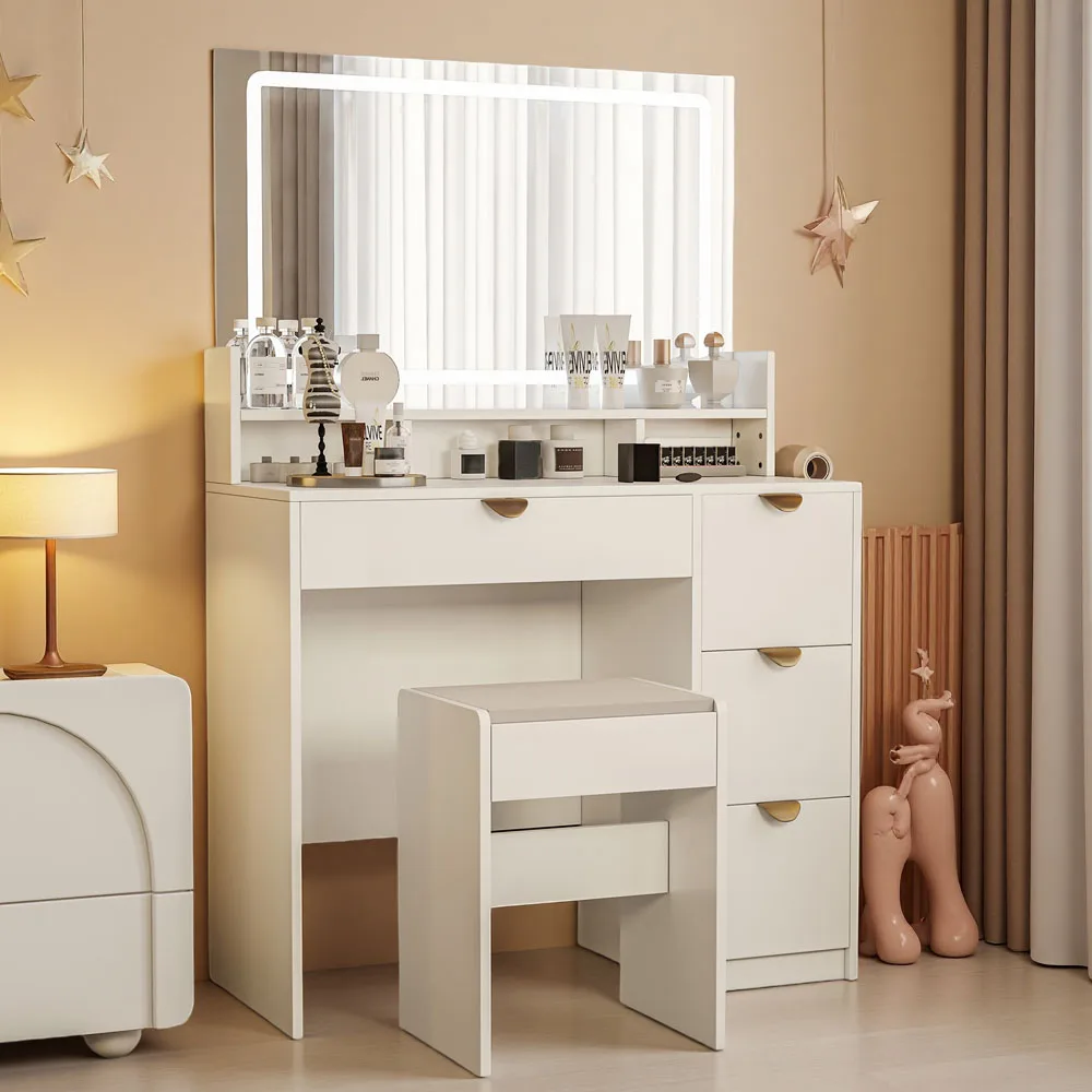 Comanlai Großer Schminktisch mit Spiegel, Schminktische mit Schubladen und Offenen Regalen, für Schminkstuhl, Schubladen, Schmuck Image