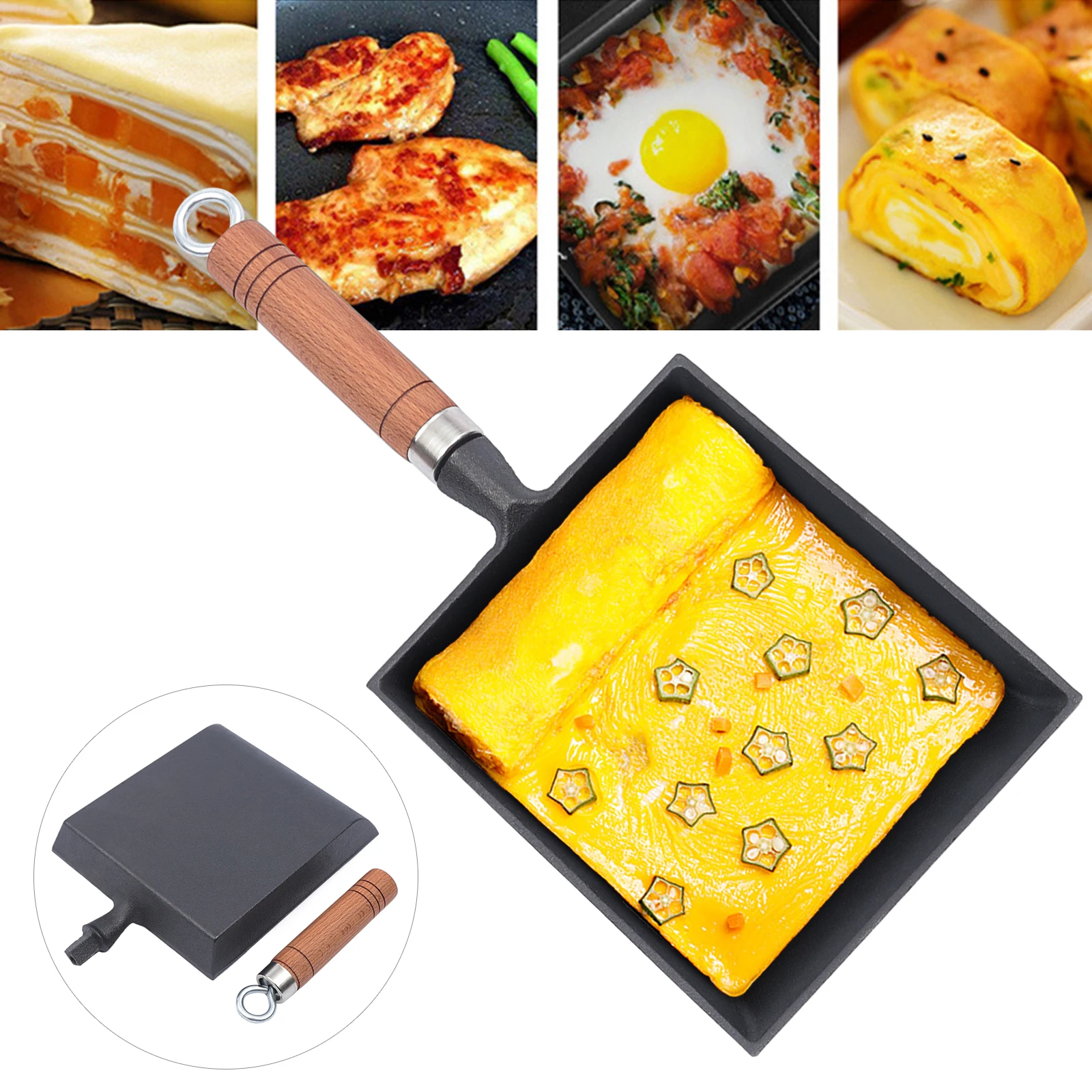 SanBouSi Omelettepfanne Tamagoyaki-Pfanne Quadratische Eierpfanne mit Holzgriff Bratpfanne Omelettepfanne Eckig Antihaft-Topf für Image