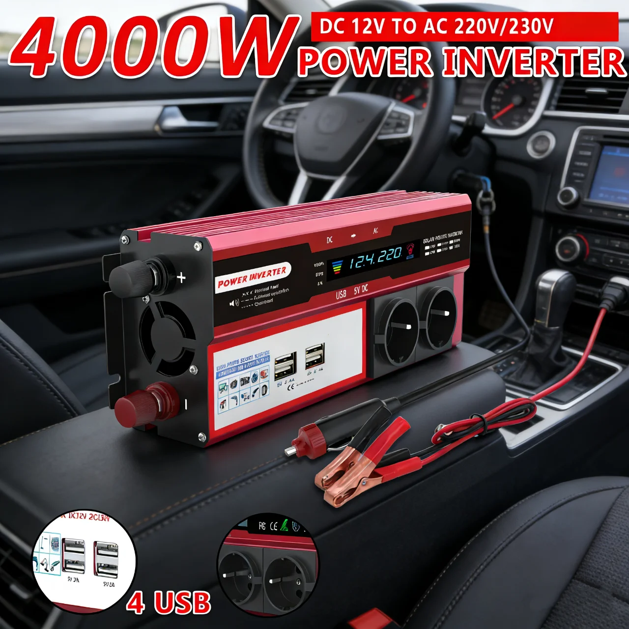 4000W Reiner Sinus-Wechselrichter DC12V zu AC220V, 4 USB-Anschlüsse mit LED-Anzeige, für Auto, LKW, Wohnmobil und Heimgebrauch Image