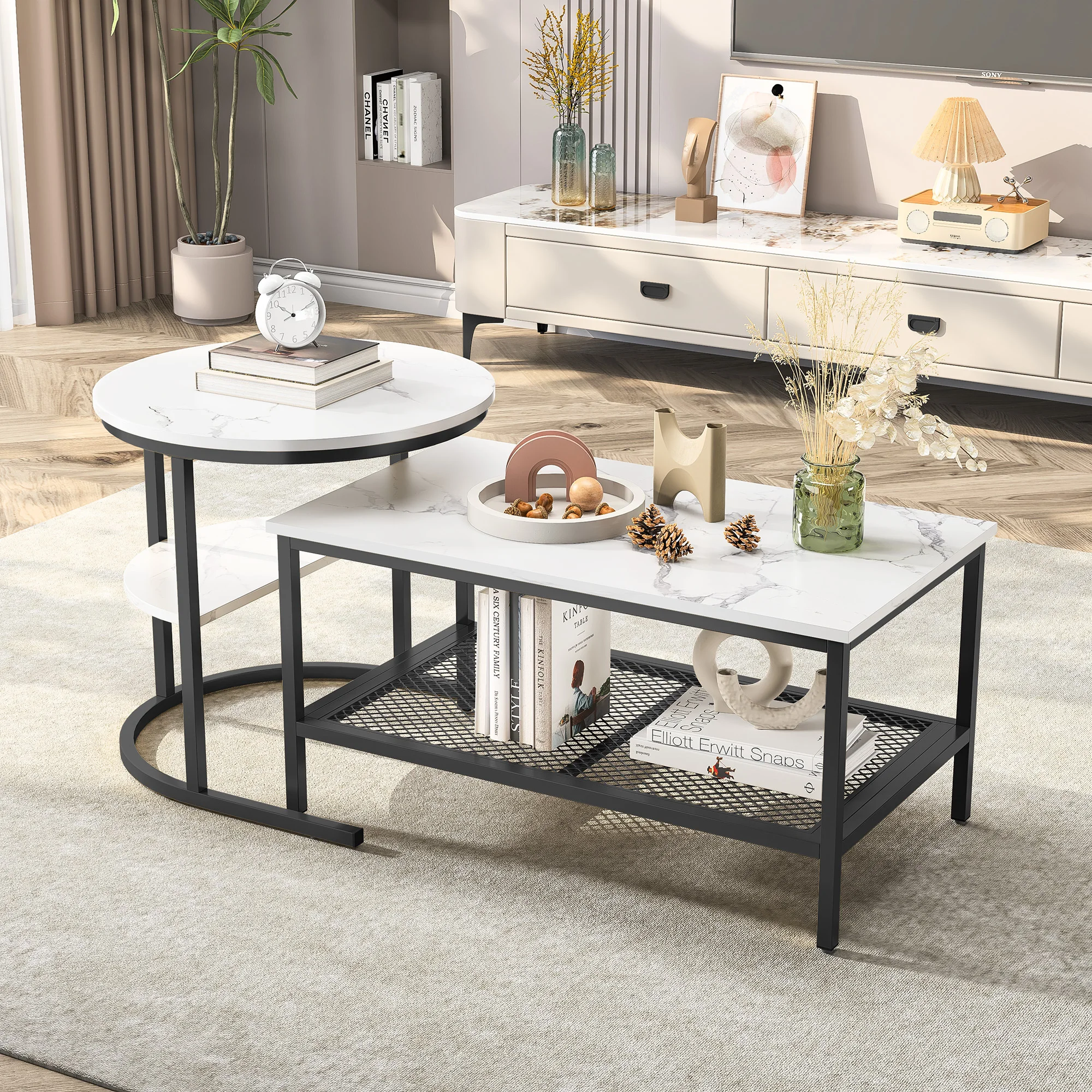 Anajqaqia Set mit 2 Couchtischen, runde und rechteckige Beistelltische mit Stauraum, mit Metallrahmen und Holzplatte, Raumdekoration