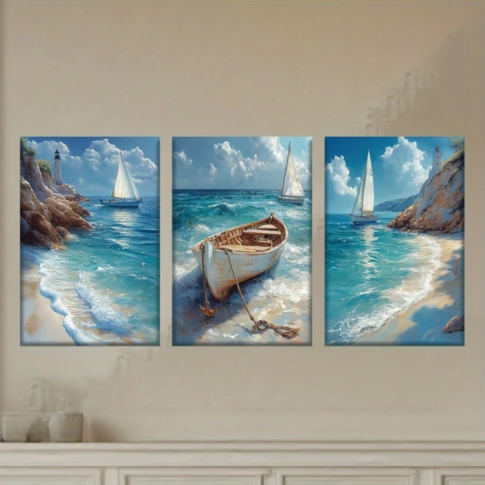3 Stück/Set, Leinwandgemälde – ungerahmt, Holzboote am Ufer, Segelboote auf dem Meer und ein Leuchtturm in der Ferne, Poster und P