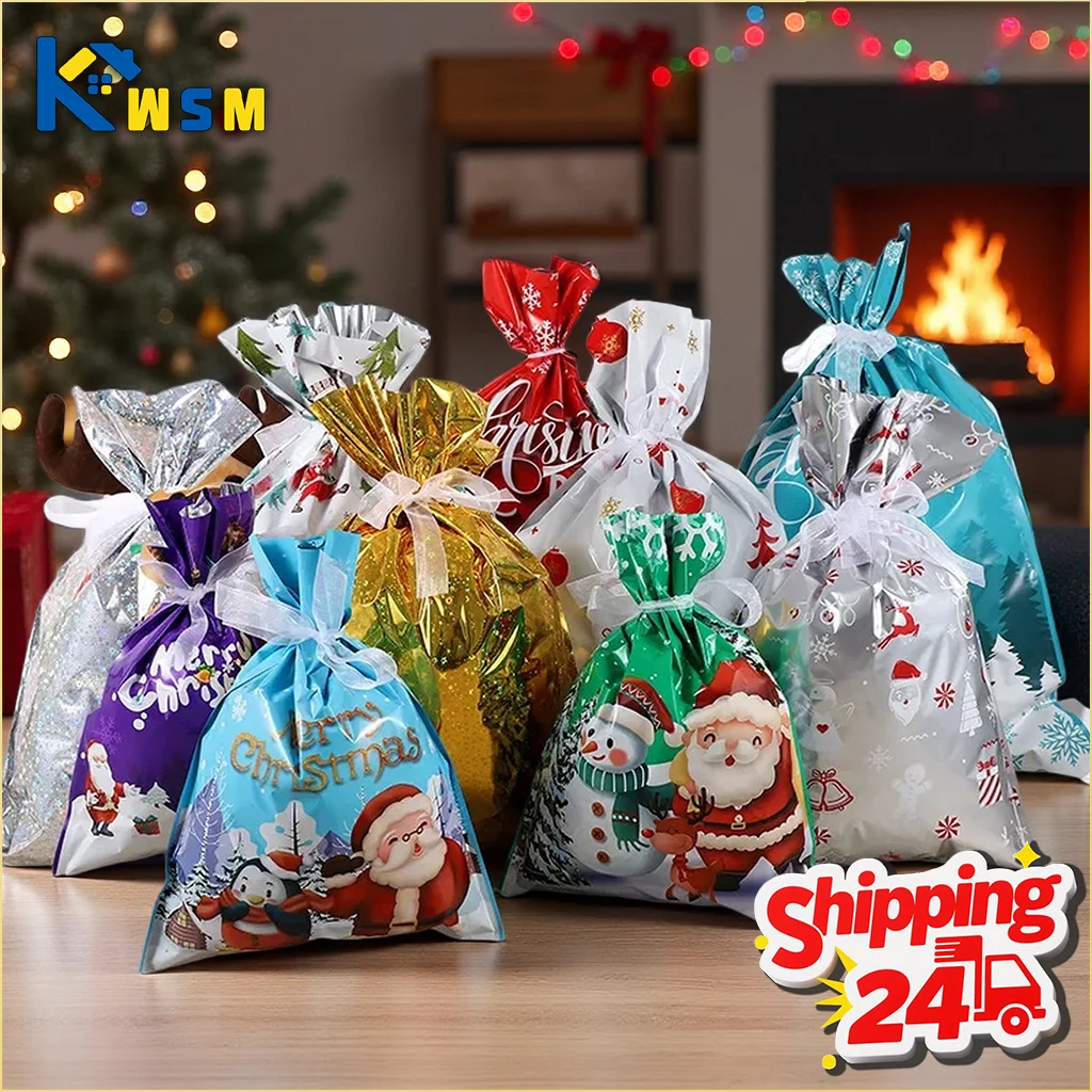 Wiederverwendbare Weihnachts-Süßigkeits-Geschenktüten, Weihnachtsmann-Beutel mit Kordelzug, Feiertags-Partyzubehör für Kinder, Weihnachtsbaumschmuck, Dekoration Image