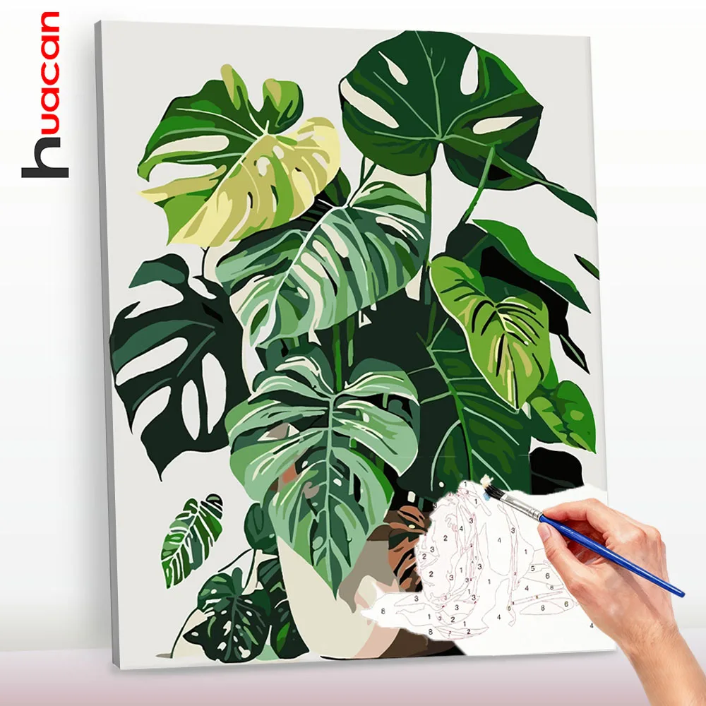 Huacan Ölgemälde nach Zahlen, Malen nach Zahlen auf Leinwand, grüne Topfpflanzen, Malen nach Zahlen, Blattbild für Schlafzimmer Image