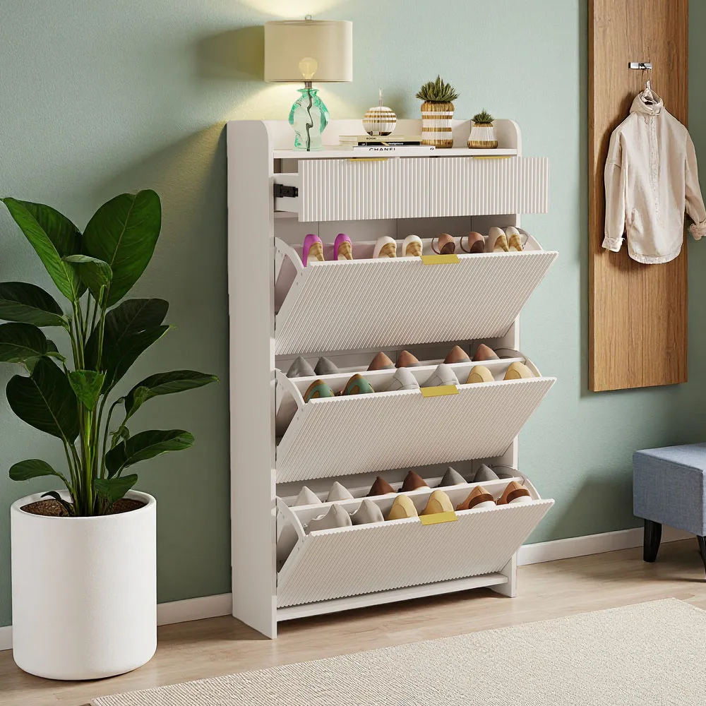 Comanlai Schmaler Schuhregal, Holz-Schuhschrank mit 3 Klapptüren und 2 Schubladen, Schuhorganizer für Eingangsbereich, Flur, Wohnzimmer