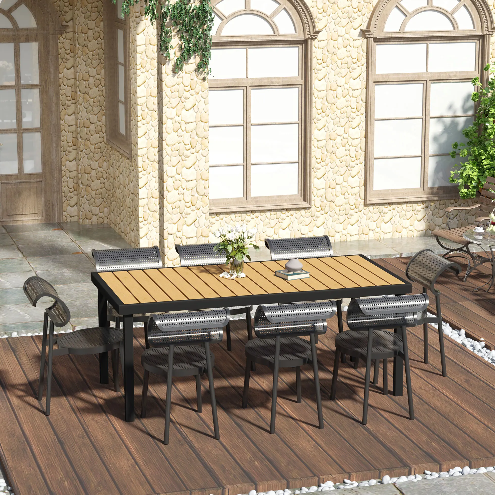 190x90x74cm 8-Sitzer Aluminium-Gartentisch, pflegeleichte Kunststoffplatte, Natur- und Schwarzfarbene Outdoor-Terrassen- und Lounge-Möbel