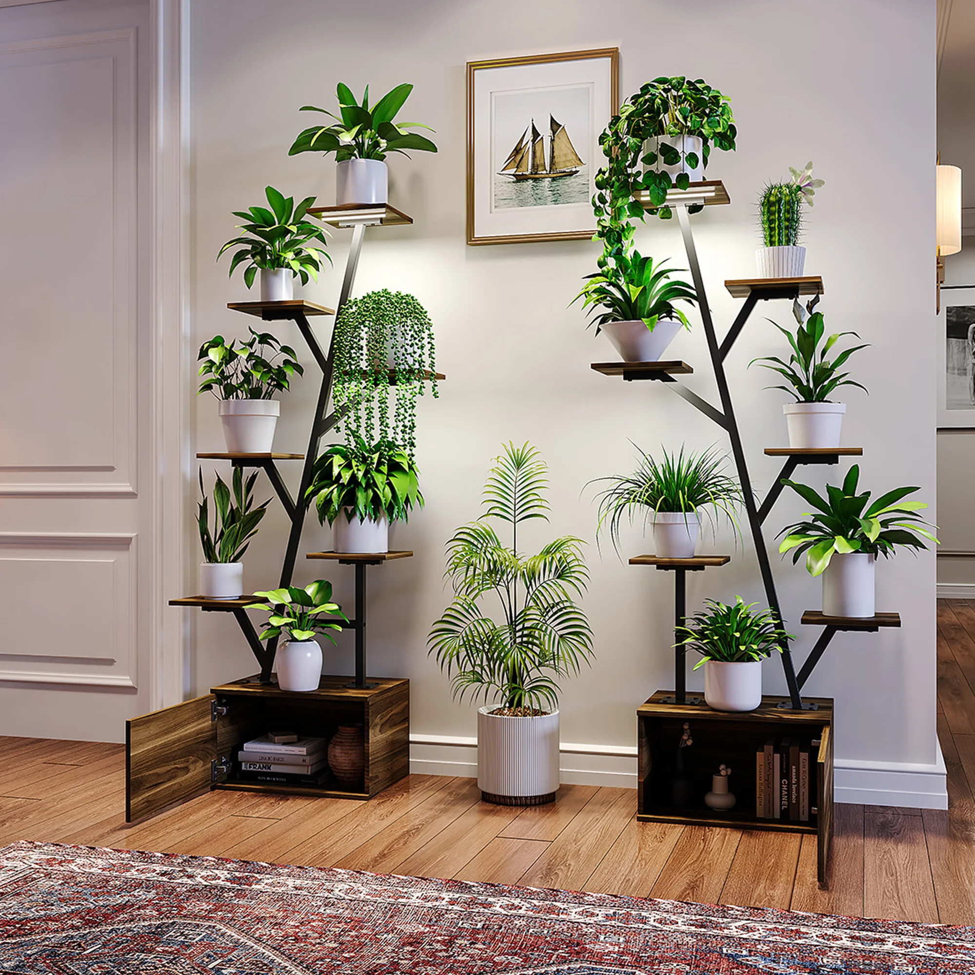 Comanlai 140x40x30cm 2er-Set Pflanzenständer mit Wachstumslampe, Schrank, 6-stufiges Beleuchtetes Pflanzenregal, Blumentreppe für Innen und Außen Image