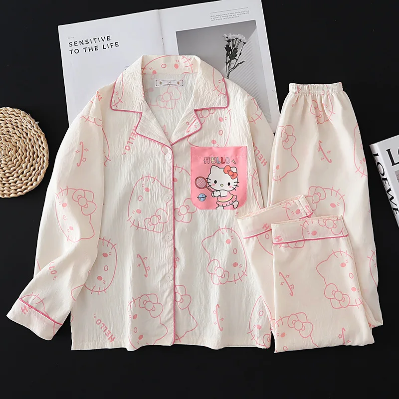 Sanrio Hello Kitty Eltern-Kind-Pyjama Anime Kawaii Cinnamoroll Kinder Mode Weicher Revers Langarm-Oberteil Hose Hauskleidung Image