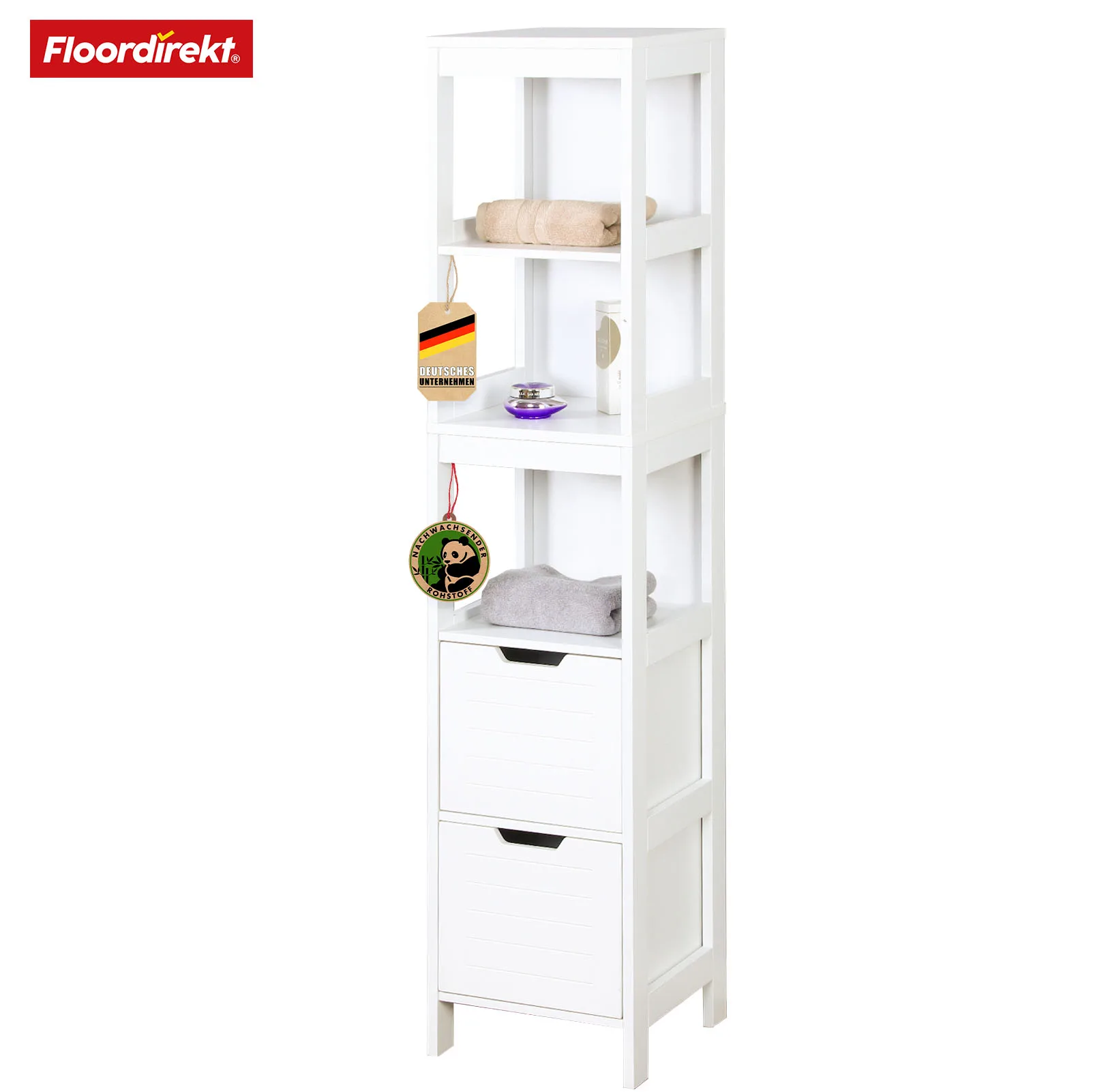 FLOORDIREKT Badezimmerschrank Idaho - Weißer, Schmaler Badschrank - mit 5 Fächern für Kleine Badezimmer & WC - Kompaktes Design Image