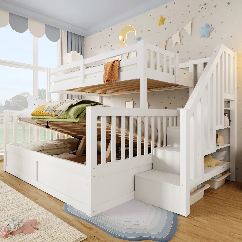 Multifunktionales Familien-Etagenbett 90x200cm+140x200cm mit hydraulischem Stauraum, robustes Kinderzimmermöbelgestell ohne Matratze Image