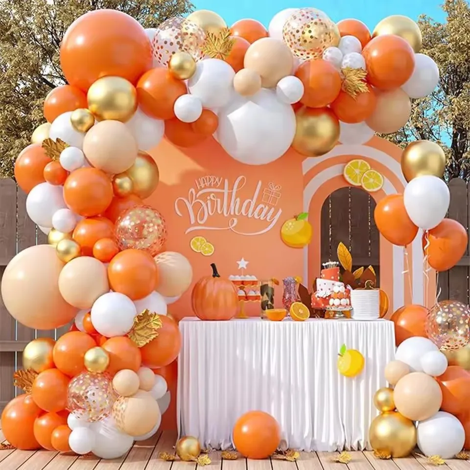 91-teiliges Set Orange Beige Weiße Latexballons Metallische Gold-Konfetti-Ballons Girlanden-Bogen-Set für Geburtstagsfeier Babyparty Dekoration Image