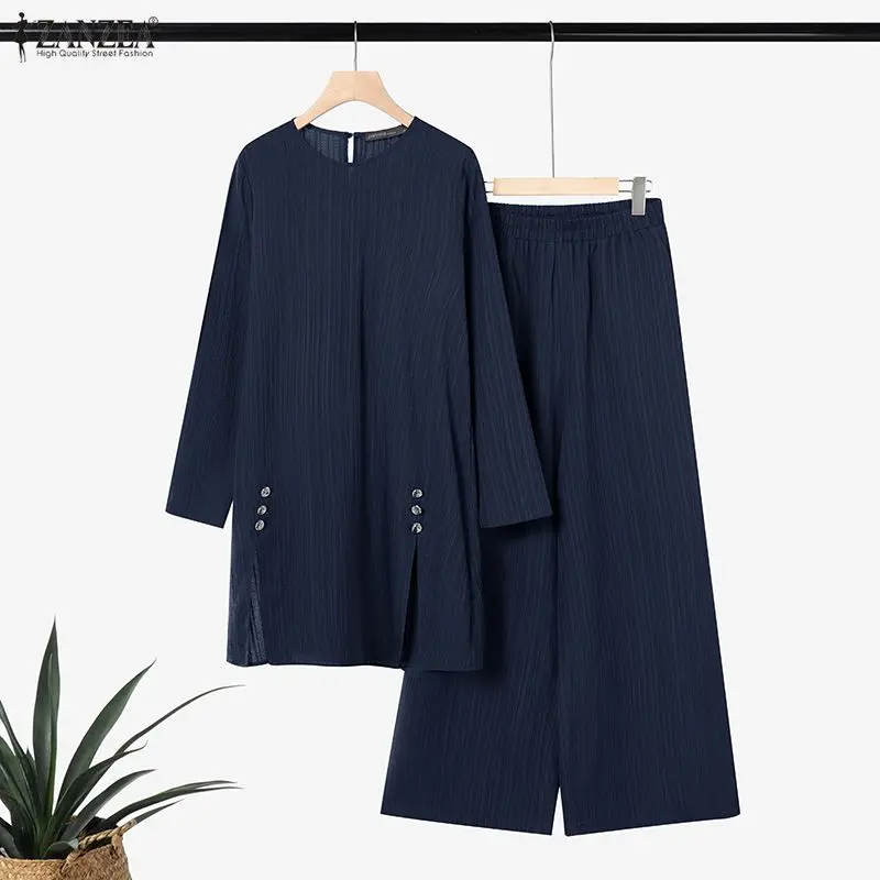 2026 ZANZEA Muslimischer Hijab Trainingsanzug Frühling Damen 2-teiliges Set Lässige Langarm-Oberteile Weite Hosen Sets Ramadan-Outfits Image
