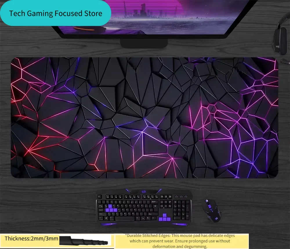 Neon Rot-Lila Geometrisches Polygon Gaming-Mauspad, XXL Schreibtischunterlage mit Genähten Kanten, 2mm/3mm Dick Image