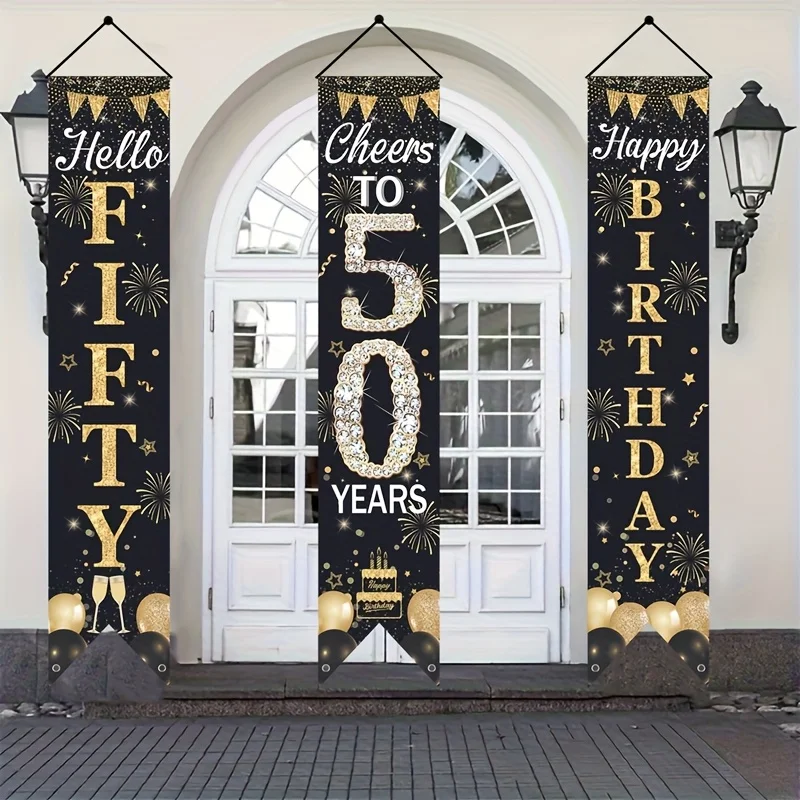 2D Türbanner 3 Stück Elegante Schwarz-Goldene 50. Geburtstags-Türbanner - Polyester Hängende Couplet mit der Aufschrift 'Hallo zum 50. Geburtstag' Image