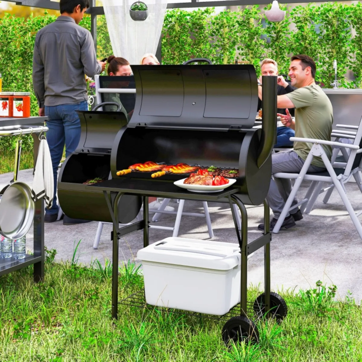 Mobiler Holzkohlegrillwagen, Stahl-BBQ-Smoker mit Ablage & Lüftungsöffnung 109x60x120cm Image