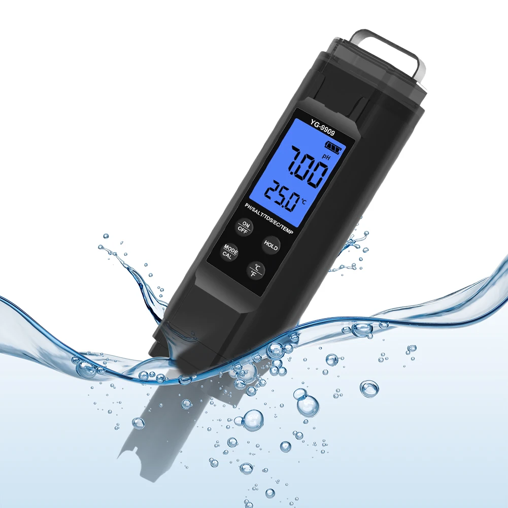 5-in-1 digitaler Wasserqualitätstester TDS/EC/Temperatur/Salzgehalt/PH-Messgerät für Trinkwasser, Hydrokultur, Aquarien, Pools Image