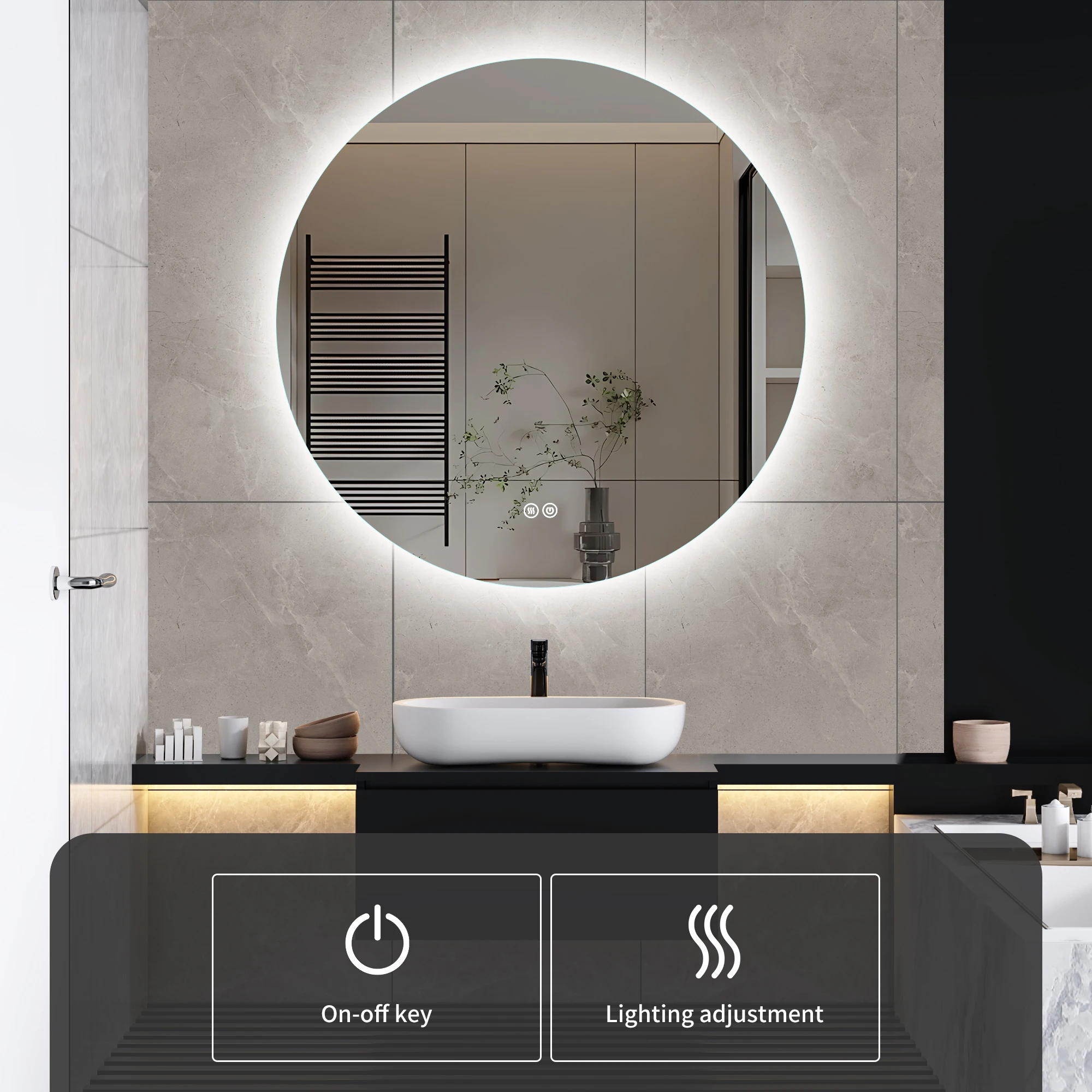 Comanlai Badezimmerspiegel mit Beleuchtung, Bluetooth-Funktion, Thermometer und Uhranzeige, Antibeschlag, Rahmenlos und Dimmbar