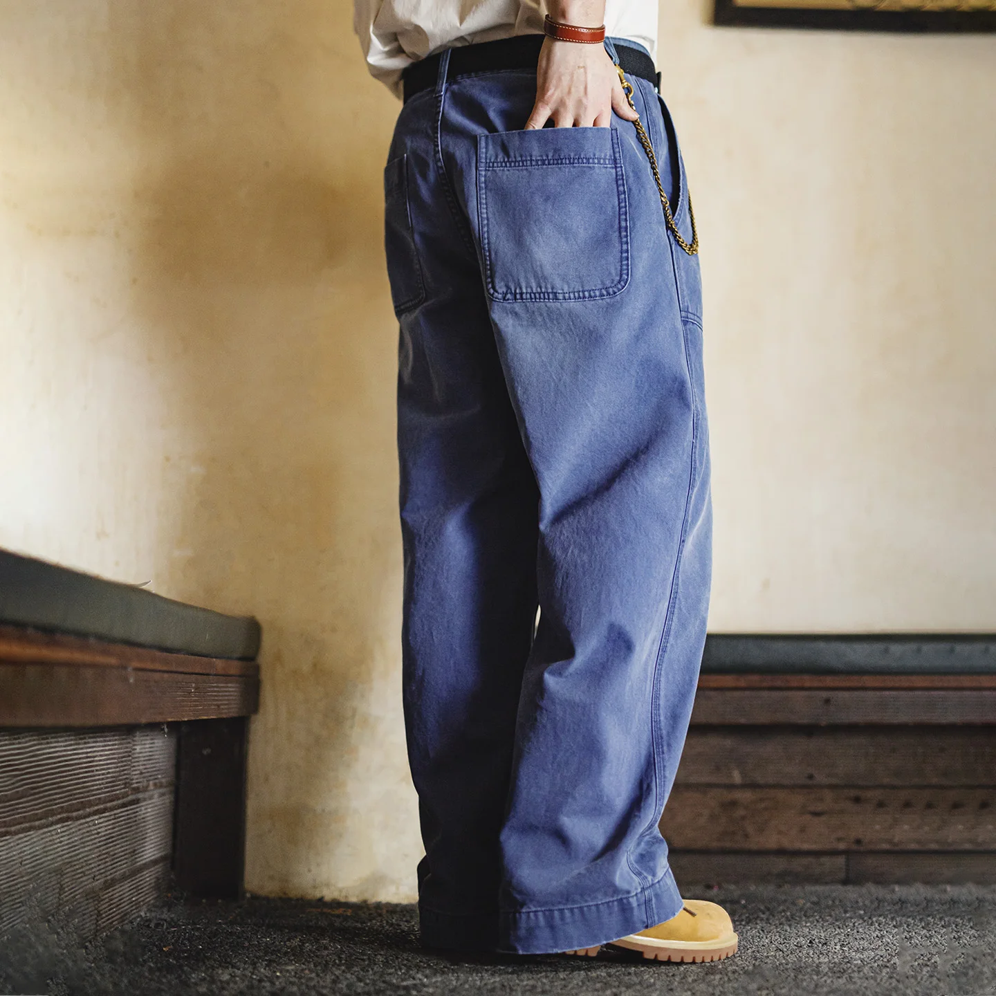 Maden Herren-Jeans aus Baumwolle, 305 g/m², Vintage-Waschung, Canvas, mittelhoher Bund, Baggy-Schnitt, gerade geschnitten, lässige Hose mit Reißverschluss für Frühling und Herbst