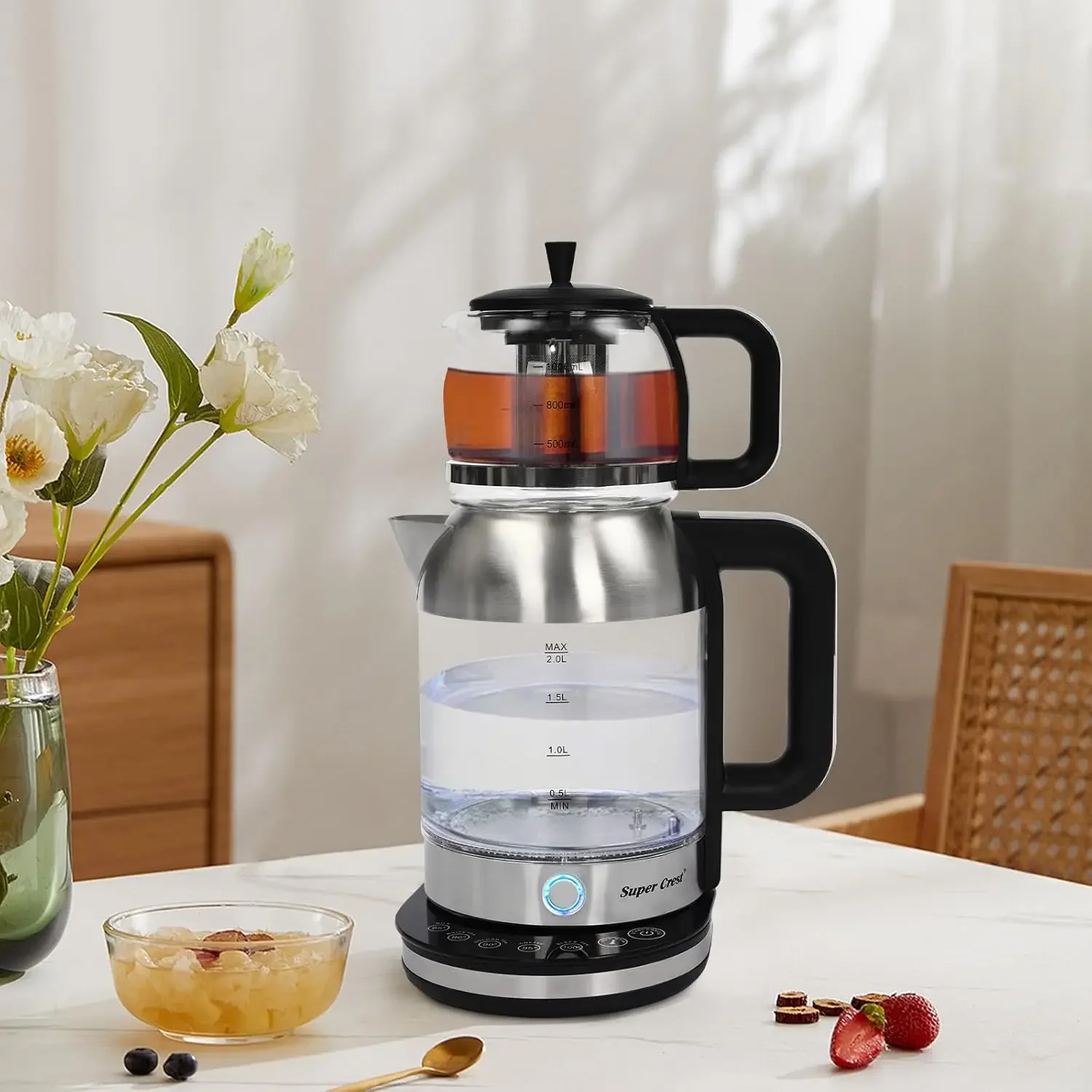 1,8 kW Elektrischer Wasserkocher, 2 L + 1 L, Isolierter Teekessel, Hitzebeständig, mit Deckel, 360° Drehbar ° Base, Anti-Kalk-Filter für losen Tee Image