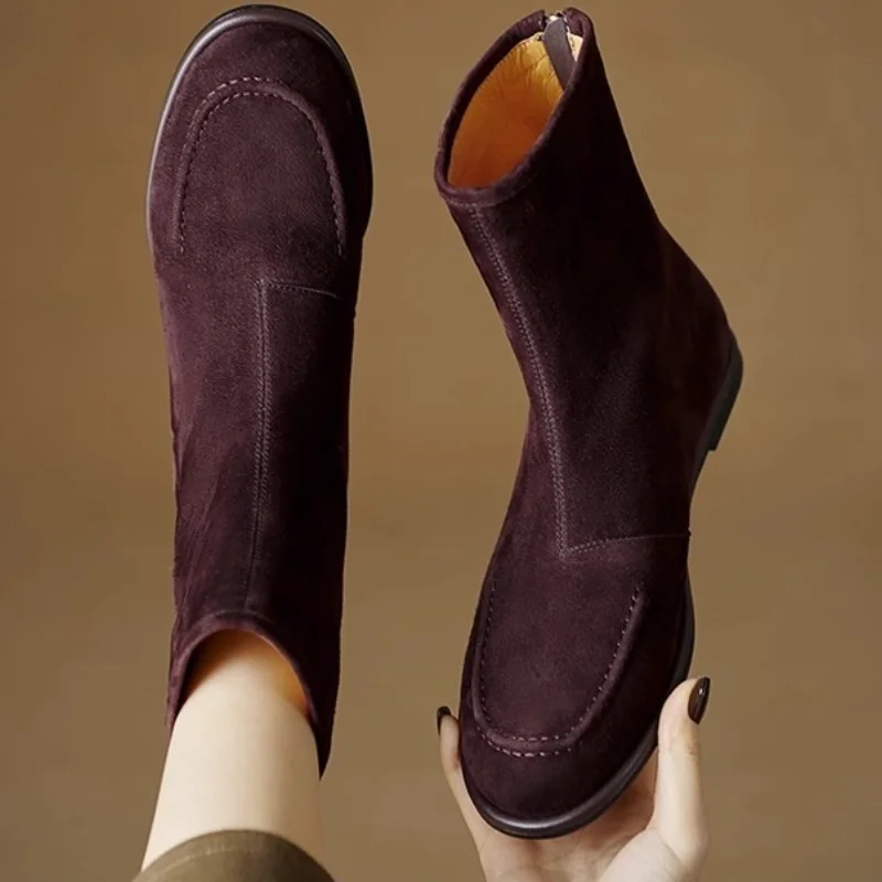 2025, neue Damen-Knöchel- und kurze Stiefel, runde Zehen, Reißverschluss hinten, Damenstiefel, flache Sohle, weibliche Biker-Stiefel