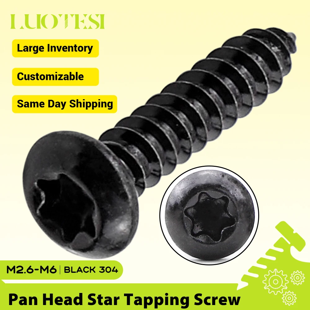 Torx-Flachkopf-Blechschrauben, selbstschneidend, schwarz, Edelstahl 304, M2.6 M3 M3.5 M4 M4.8 M5 M6, Sternschrauben für Holz Image
