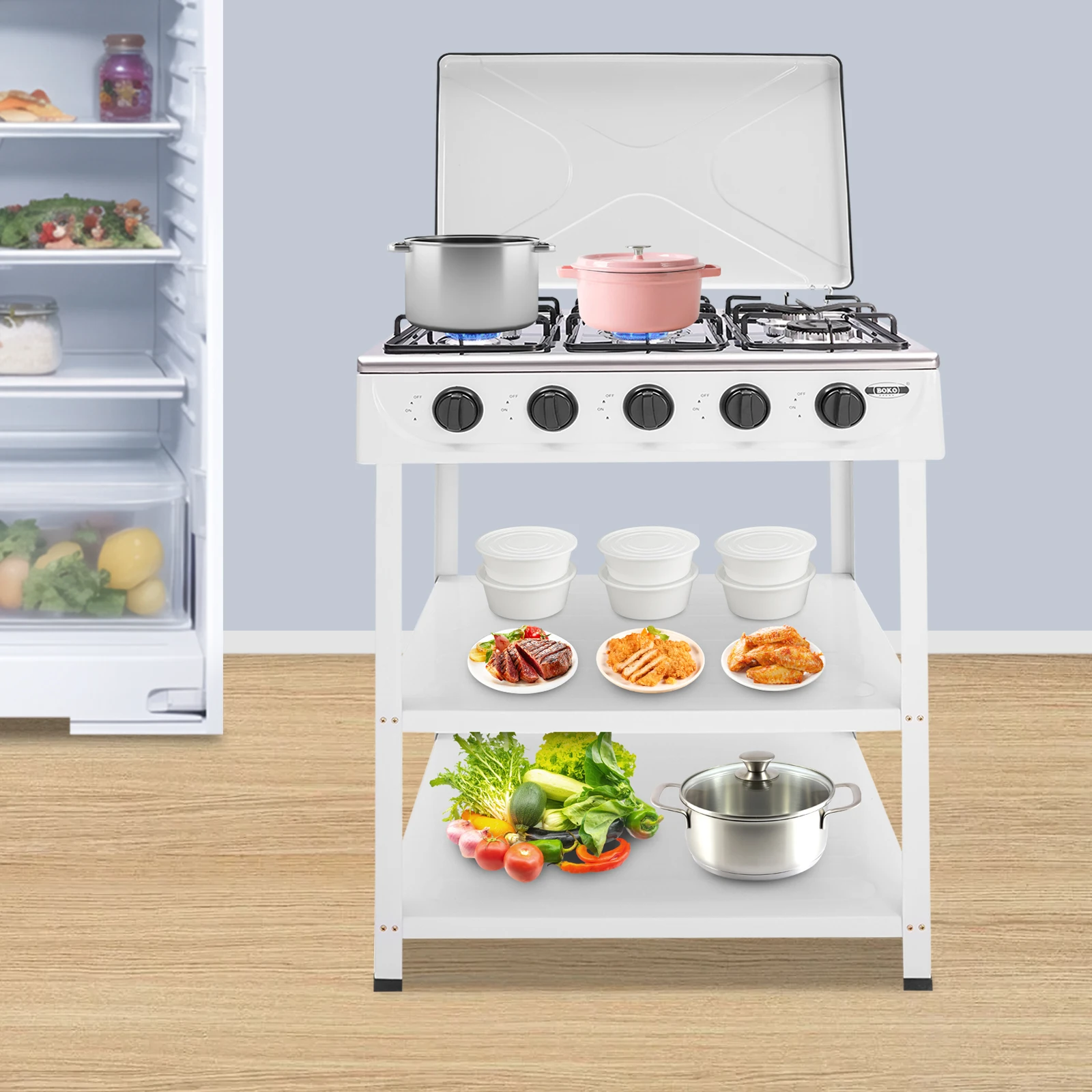 2,5 kW Erdgasherd mit 5 Brennern und 5 Knöpfen, weißer freistehender tragbarer Erdgasherd, 6,5 cm Bodenfußhöhe Image