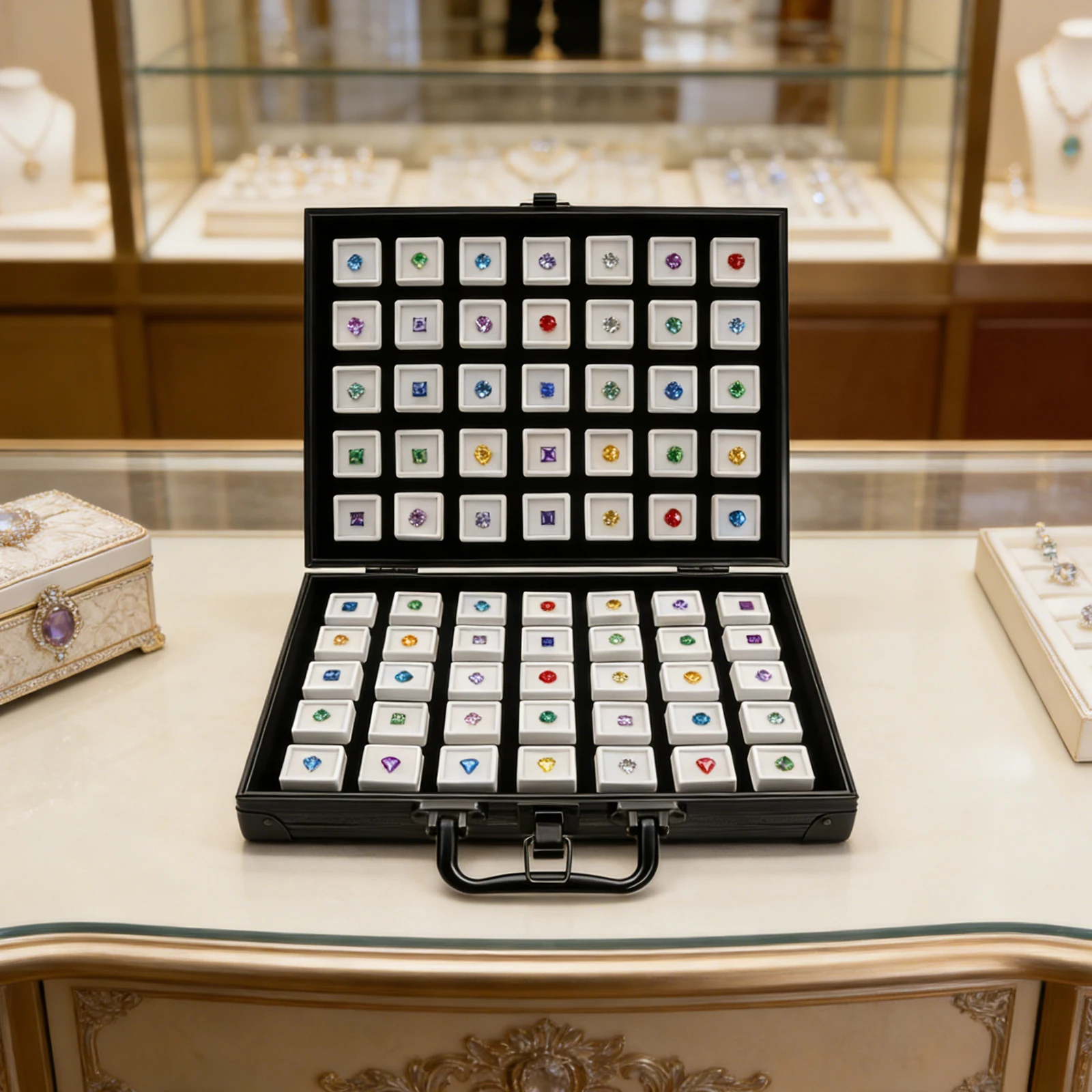 Schmuck-Präsentationsbox mit 70 Fächern aus Holz und Aluminiumlegierung, Reise-Aufbewahrungsbox für Ringe, Ohrringe und Halsketten mit Transparentem Deckel und Griff Image