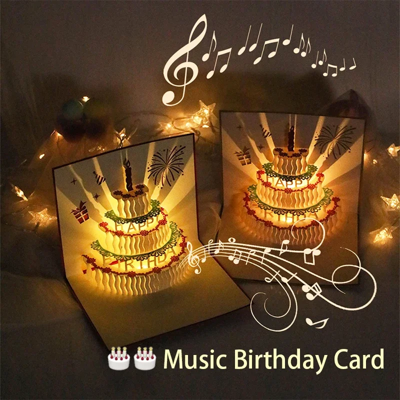 3D-Lichtmusik-Geburtstagskarte Pop-Up-Kuchen Kreative Grußkarte Alles Gute zum Geburtstag Partygeschenk Nachrichtenkarten Image