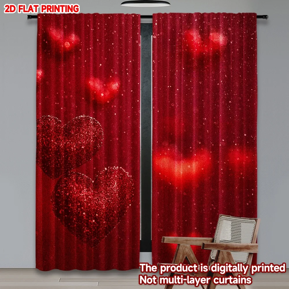 2D-Flachdruck, 2 Stück, Happy Valentine's Day, Fensterbehandlungsvorhänge, romantische rote Liebe, digital bedruckte Polyestervorhänge Image
