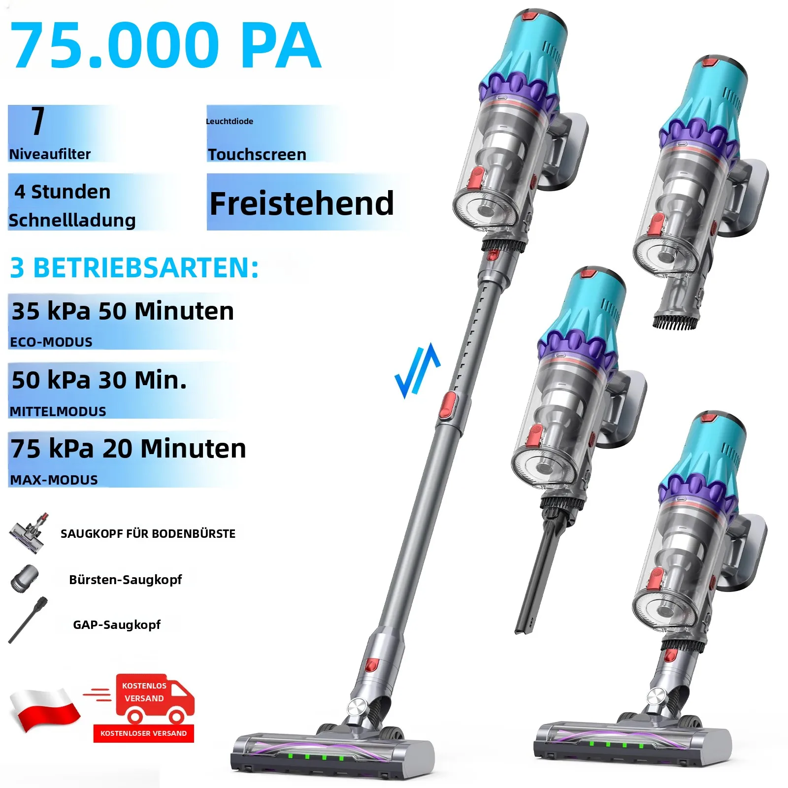 OMESER 750W 75KPa Kabelloser Staubsauger mit Anti-Verwicklung-Technologie, Bürstenloser 50-Minuten-Motor, Handstaubsauger für Zuhause, Tierhaare und Teppiche Image