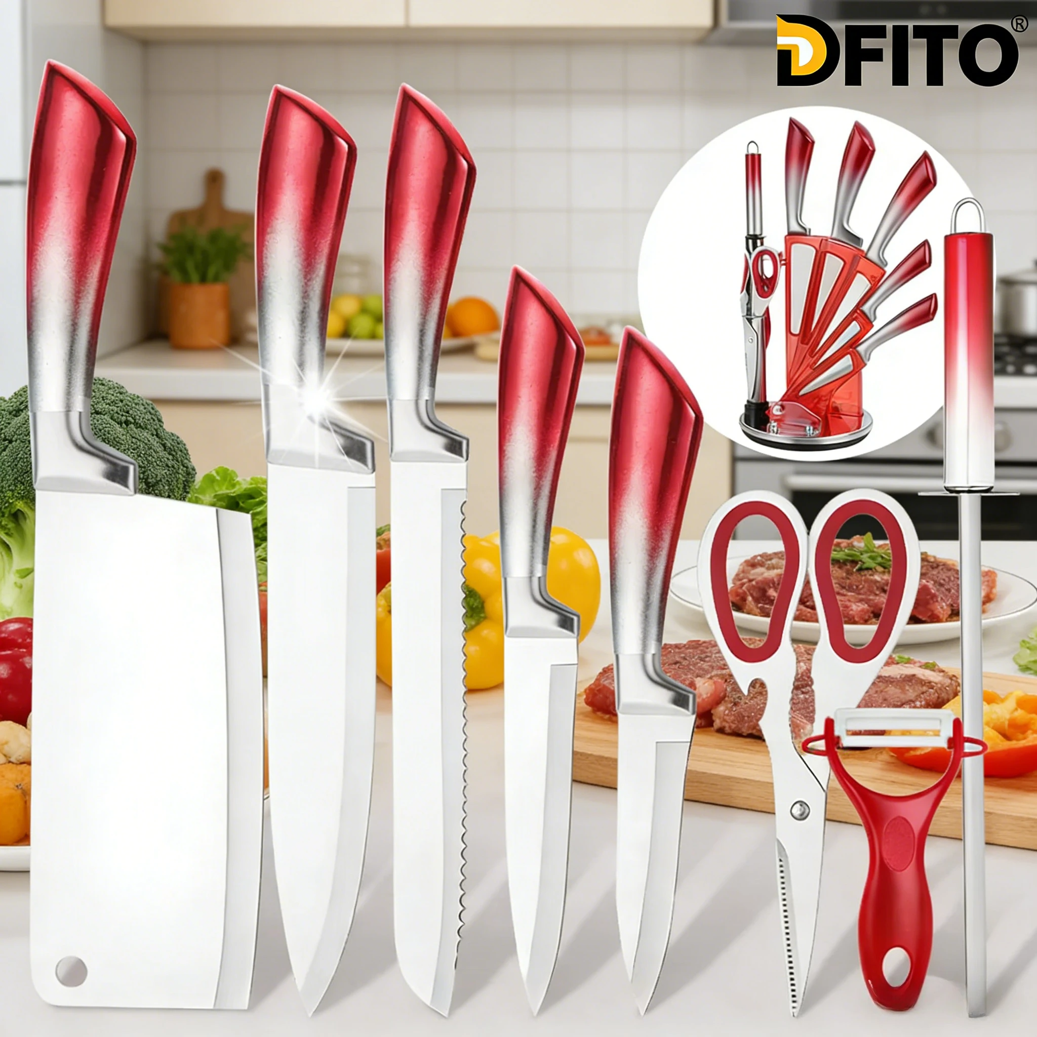 DFITO 9-teiliges Edelstahl-Küchenmesser-Set mit Messerhalter, Obstmesser, Schneidemesser und Schäler für den Haushalt Image