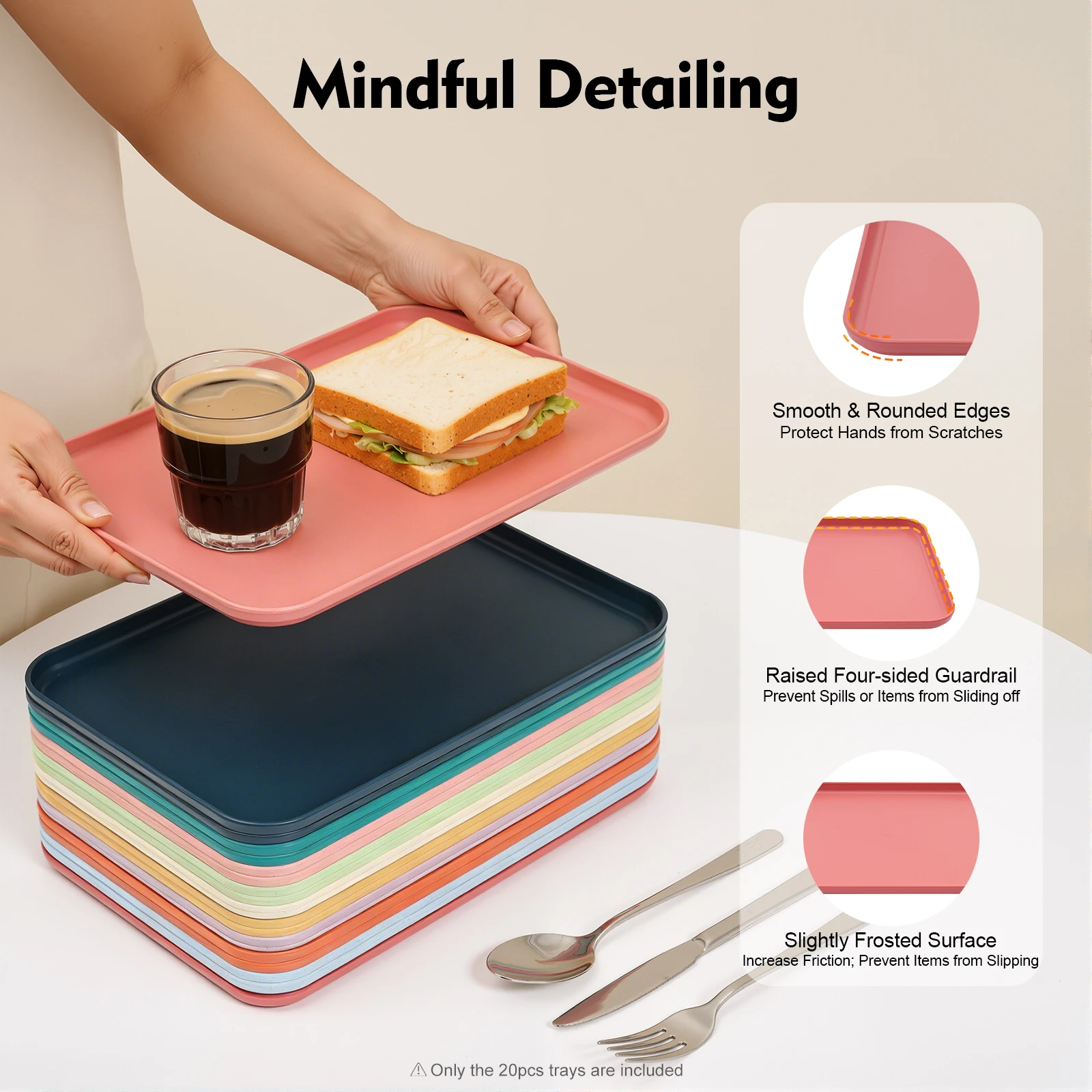 Stapelbare 20-teilige Serviertabletts aus PP-Weizenstrohfaser, spülmaschinenfest, wiederverwendbar, mehrfarbig, für Catering, Party, Buffet, Cafeteria Image