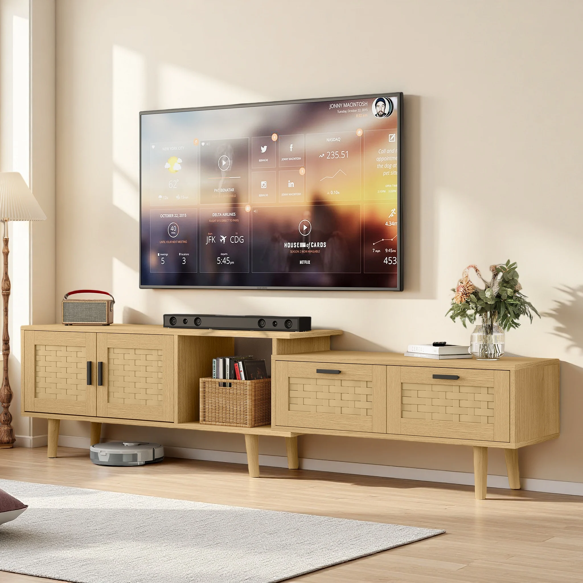 Rosahqnda TV-Schrank für Fernseher bis zu 75 Zoll, 169 cm lang, TV-Ständer für Wohnzimmer, ausziehbares Lowboard im Holzdesign, Holz/Schwarz