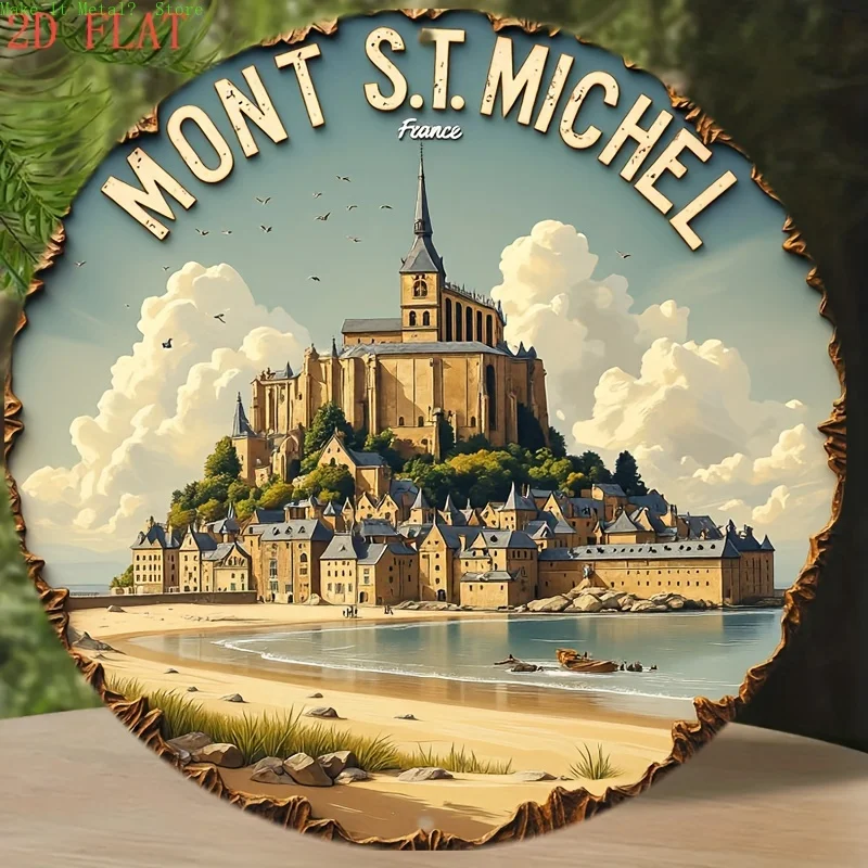 Mont St. Michel Frankreich 2D Flaches Rundes Metallschild - Retro Reise-Wanddekoration für Zuhause Bar Wohnzimmer
