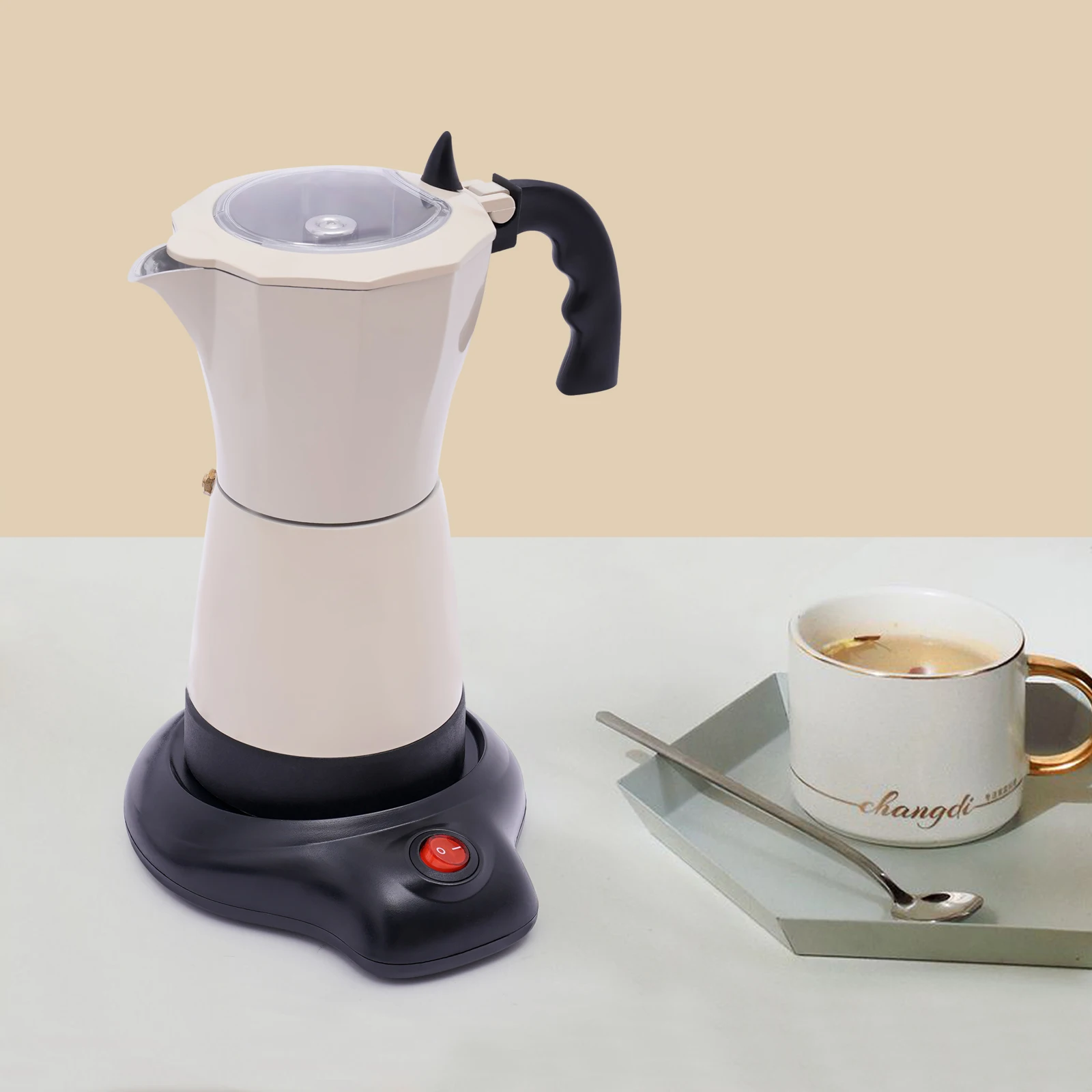 480W Elektrische Tragbare Mokka-Kaffeemaschine, 300 ml Espresso-Kocher Aluminium Moka-Kanne 6 Espressotassen für Zuhause, Büros, Cafés Image