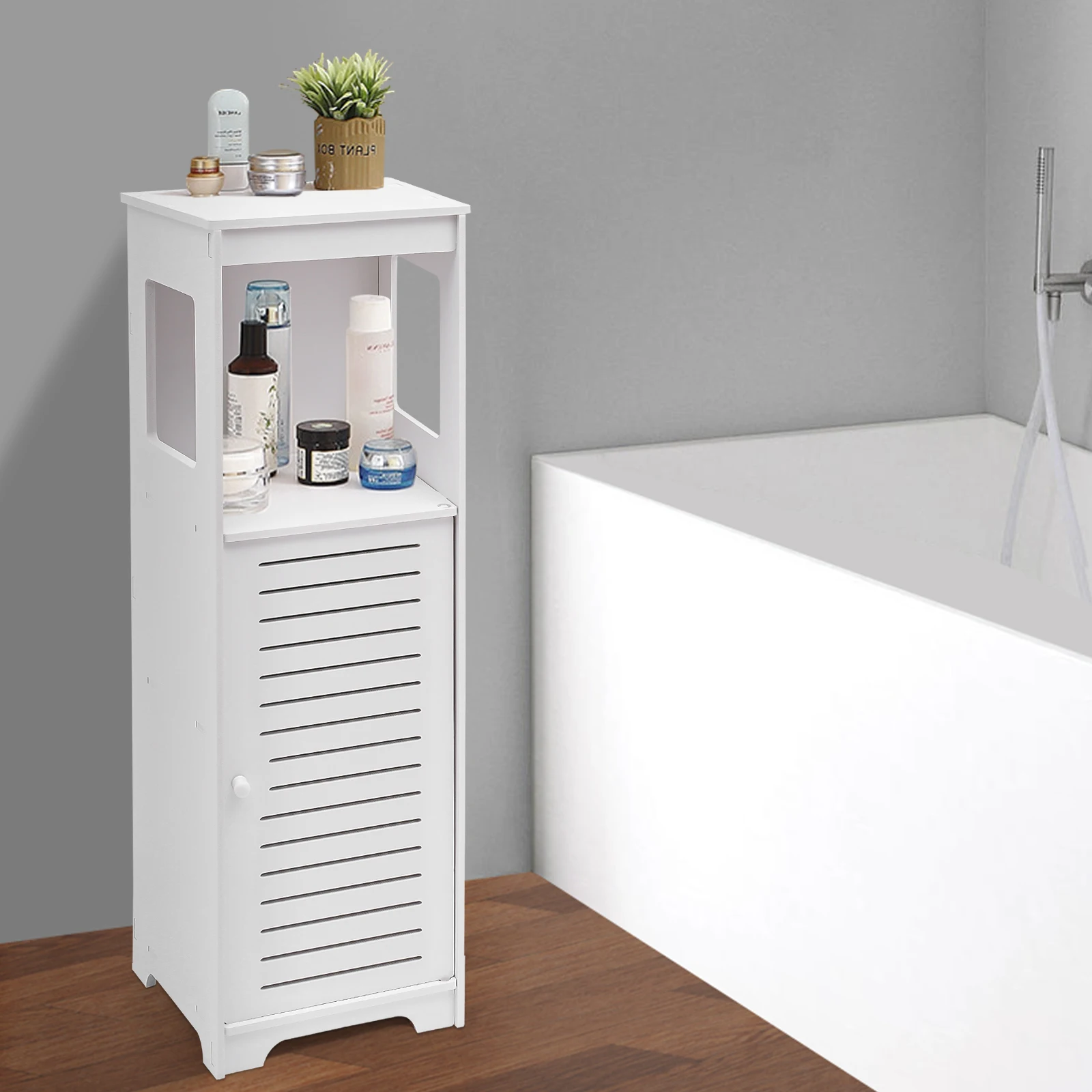 4-stöckiger weißer Badezimmerschrank aus PVC, belüfteter Organizer mit Tür, modernes, freistehendes Regal für Badezimmerartikel