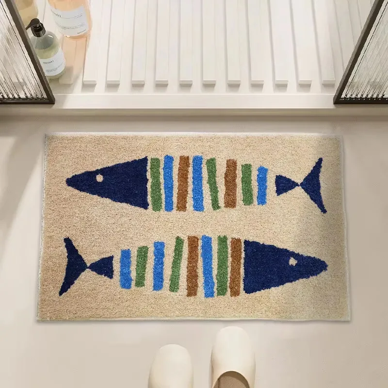 VIKAMA Cartoon-Plüsch-Bodenmatte mit gestreiftem Fisch, saugfähig, rutschfest, für Badezimmer, Eingangsbereich, Flur, Fußmatte für Schlafzimmer Image