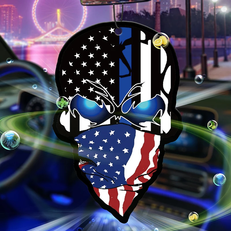 US-Flagge mit einem dünnen blauen Totenkopf-Aufkleber, zur Erinnerung an die Polizei, Einsatzfahrzeug-Duft, Auto-Parfüm, langanhaltender Duft Image