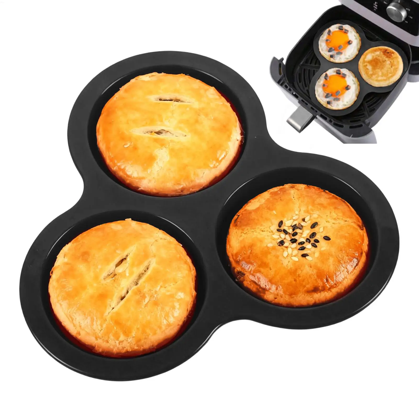 Silikon-Eierbecher für Heißluftfritteuse 3-Fach-Eierform Silikon-Heißluftfritteuse-Becher für kleine Kuchen, Puddings, Hamburger, Frühstück Image