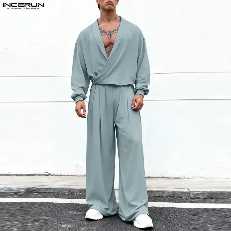 Herren-Sets Einfarbig V-Ausschnitt Langarm-Hemd & Hose Zweiteiliges Set Streetwear INCERUN Locker Sitzende Modische Herren-Freizeitanzüge S-5XL Image