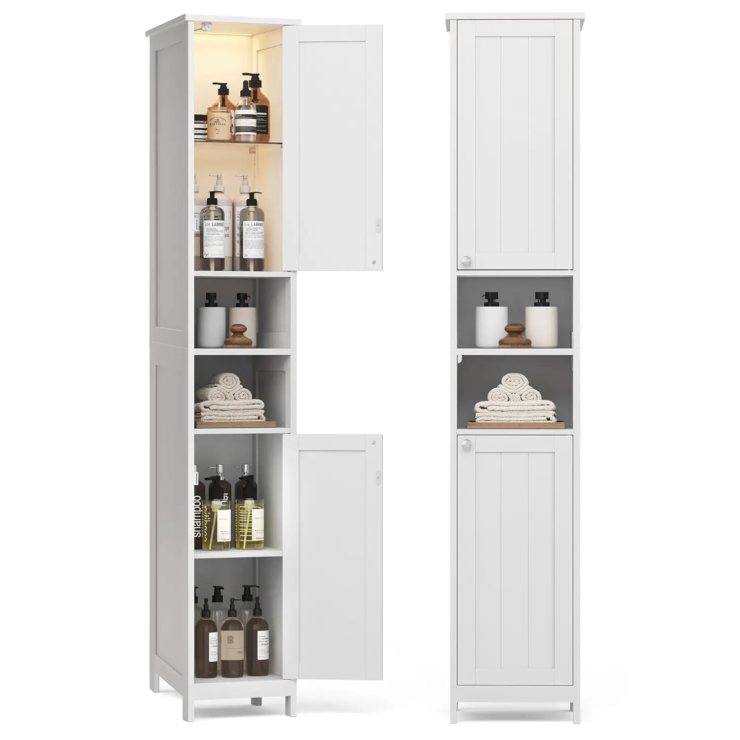 Beleuchteter Badezimmerschrank, hoch, schmaler Aufbewahrungsschrank mit verstellbaren Regalen, offenen Fächern, für kleine, maßgeschneiderte