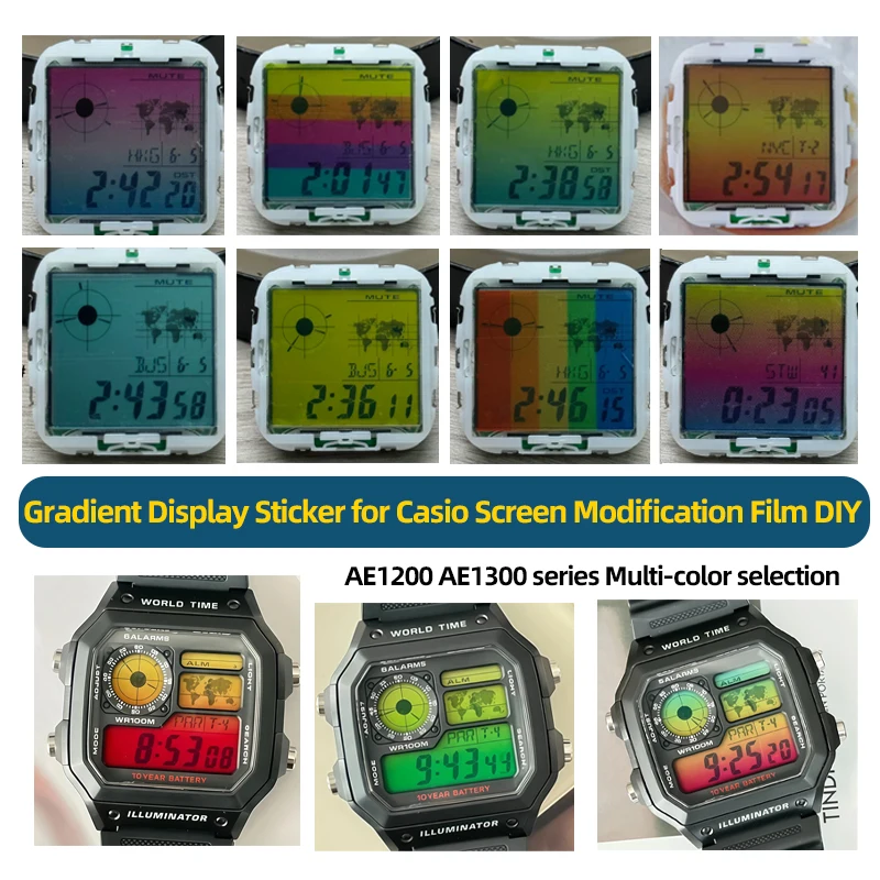 AE1200 AE1300 Serie Regenbogen-Farbverlauf-Display-Aufkleber für Casio Bildschirm-Modifikationsfolie DIY-Installation Uhrenzubehör Image