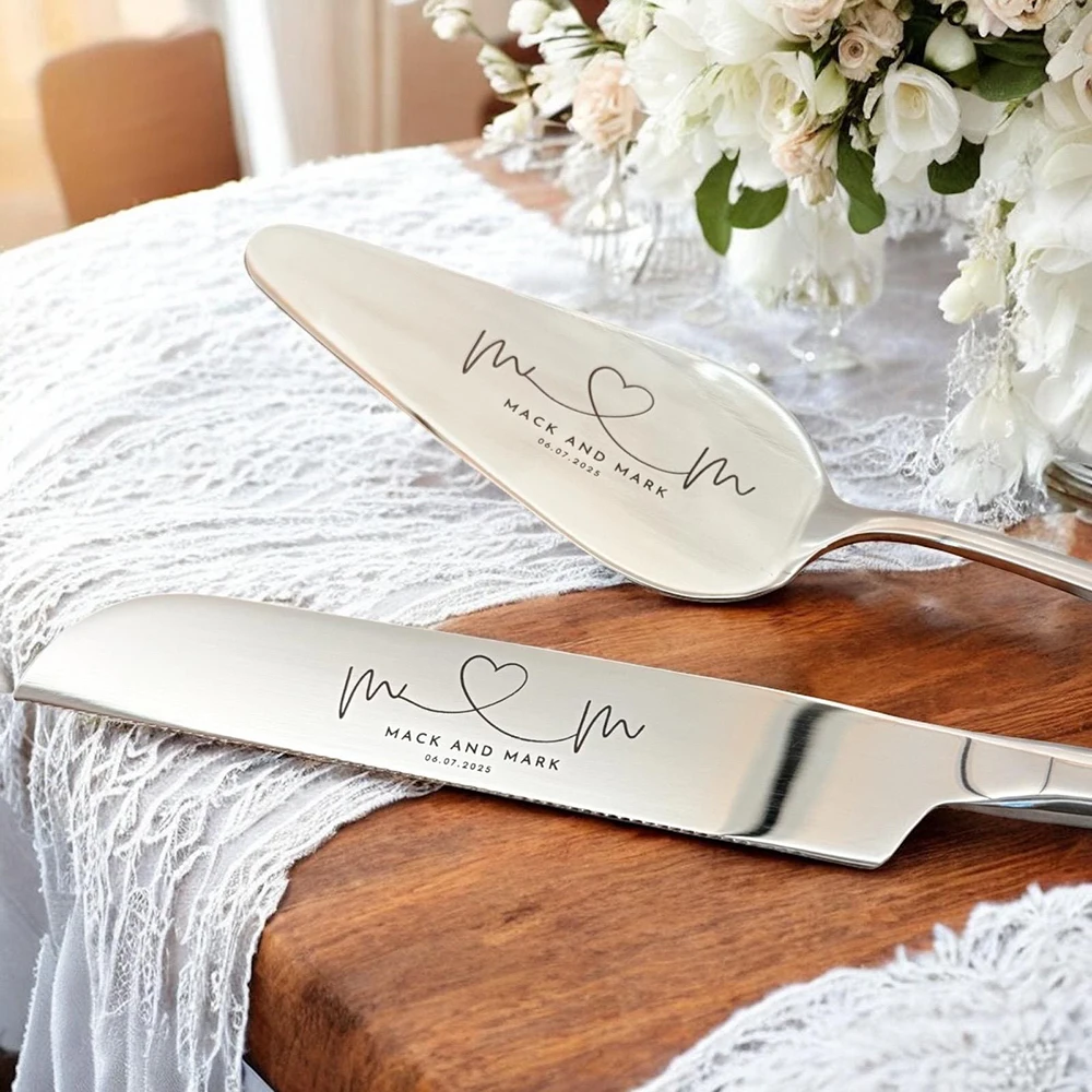 Personalisiertes Hochzeitstorten-Schneideset Graviertes Edelstahl-Messer und Servierbesteck Perfekt für Hochzeitsjahrestage und Besondere Anlässe Image