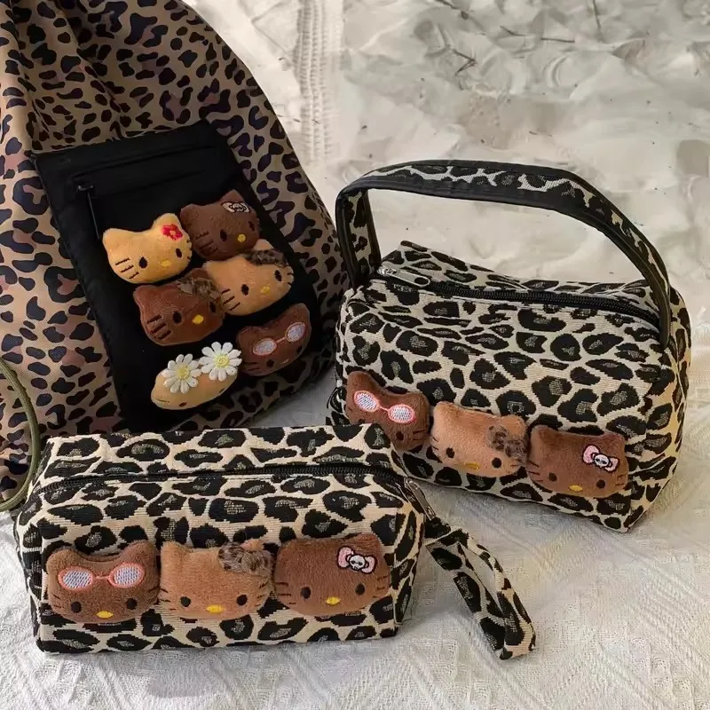Hello Kitty Leopard Make-up-Tasche aus schwarzem Leder für Damen, große Kapazität, tragbare Pendler-Reisehandtasche, Hautpflege und Kosmetik