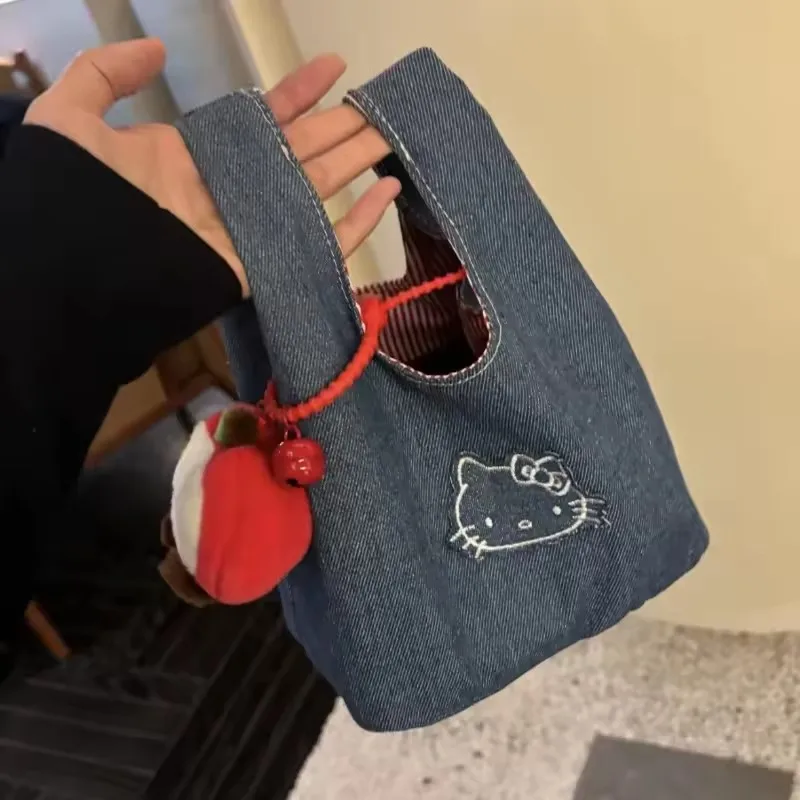 Hello Kitty Niedliche Jeans-Stickerei-Handtasche für Ausflüge Tragbare Große Kapazität Handtasche für Arbeit Bento-Tasche