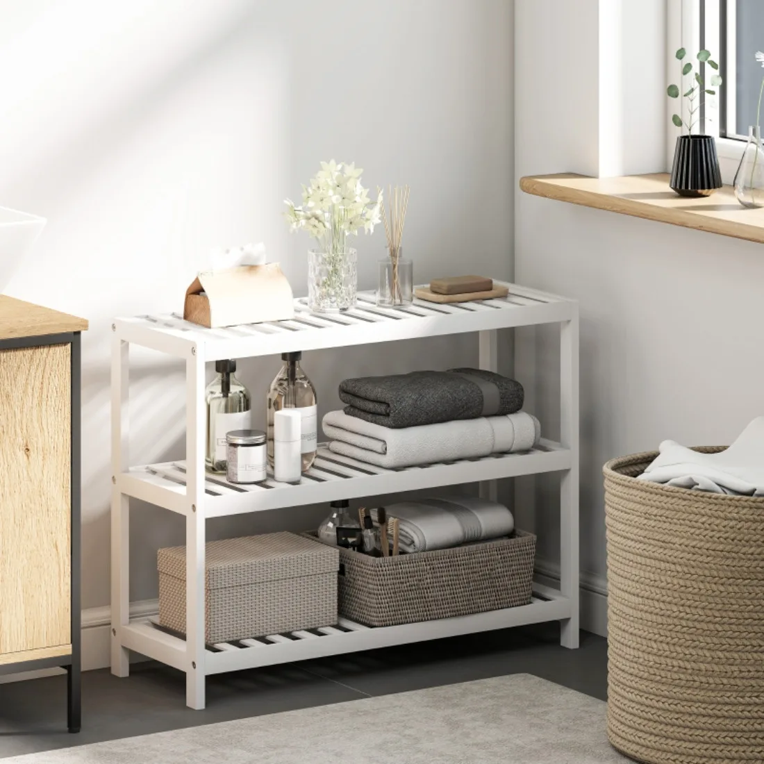 3-stöckiges Bambus-Schuhregal – Weiß lackiertes Aufbewahrungsregal für Flur und Badezimmer
