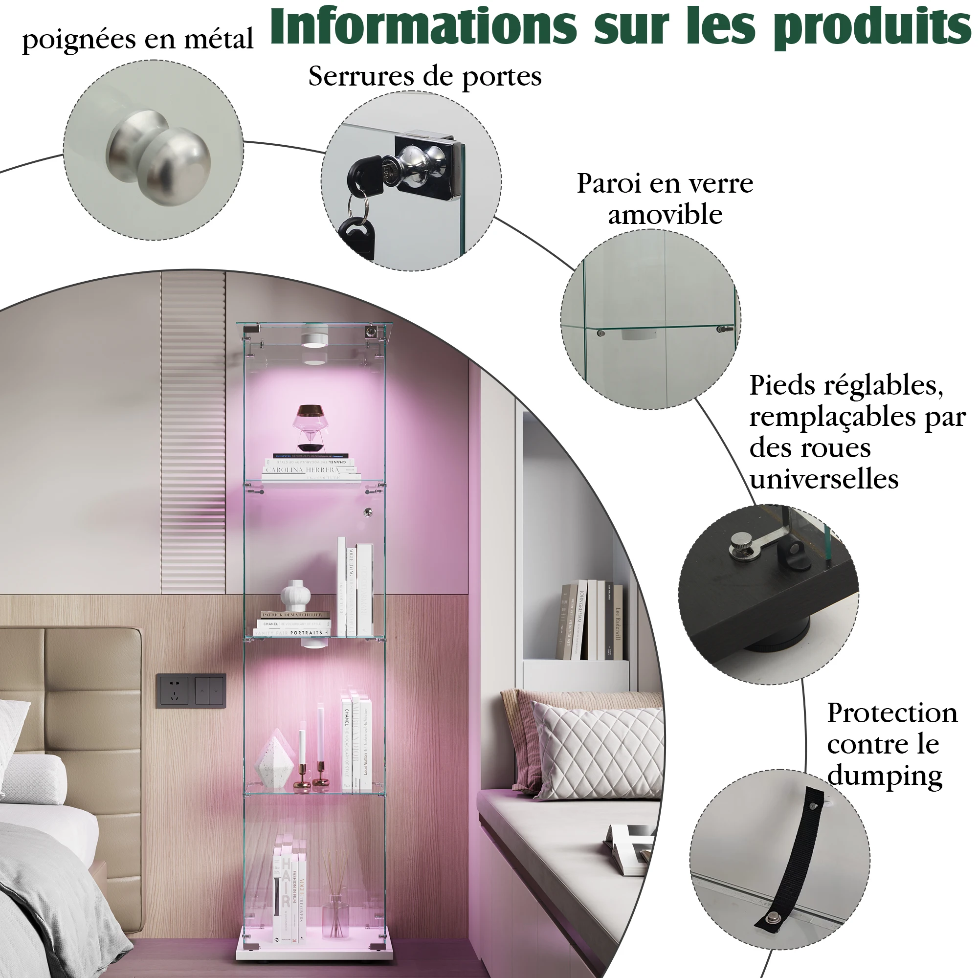 Comanlai 163×35×39,8 cm Glas-Vitrine mit LED, Moderne Glas-Vitrine mit 1 Tür, 4 Regalen und Schloss, Weiß Image